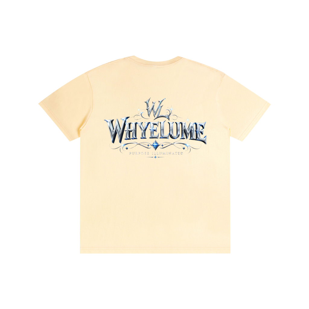 Back view of light apricot WHYELUME Silver Crest tee with silver crest wordmark graphic
