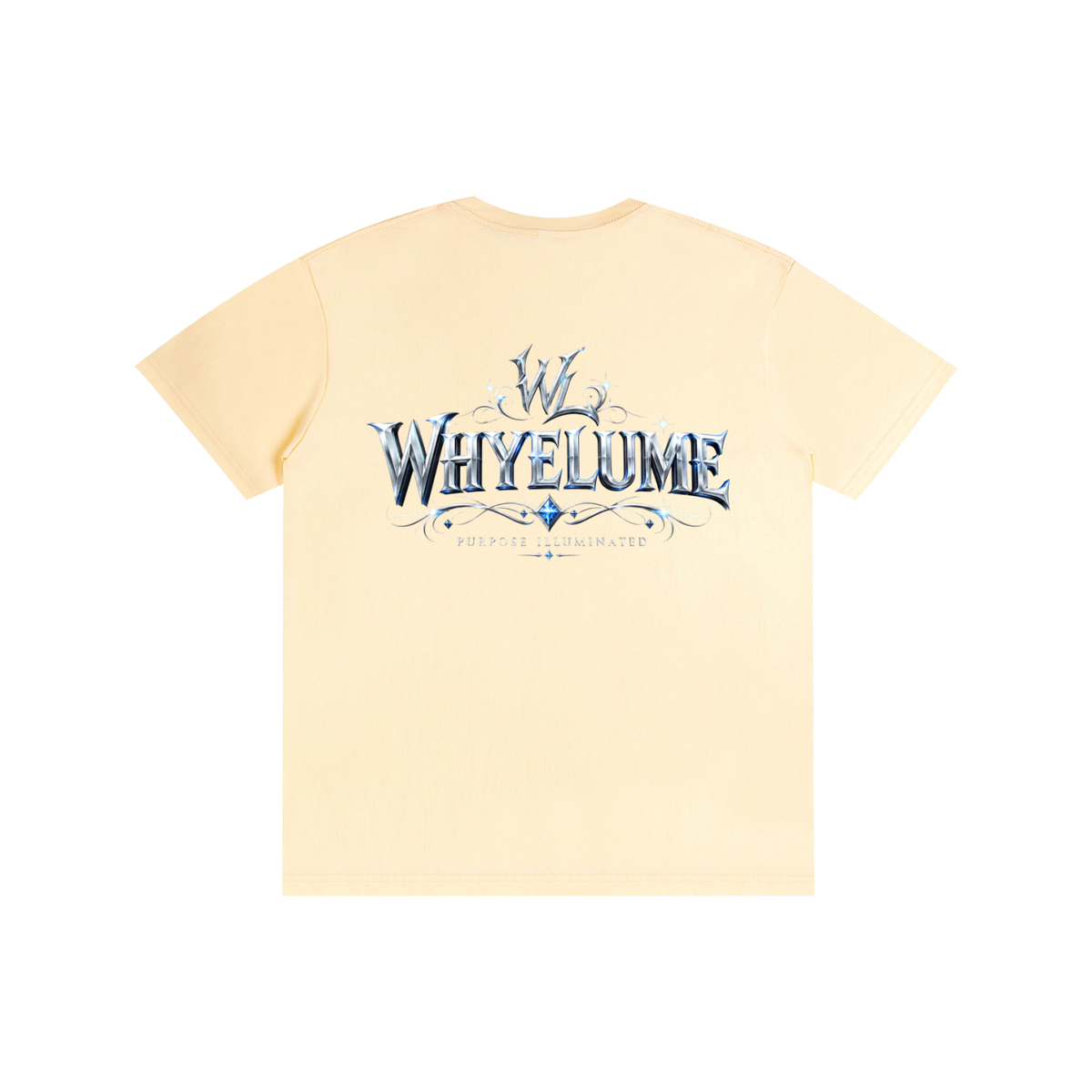 Back view of light apricot WHYELUME Silver Crest tee with silver crest wordmark graphic