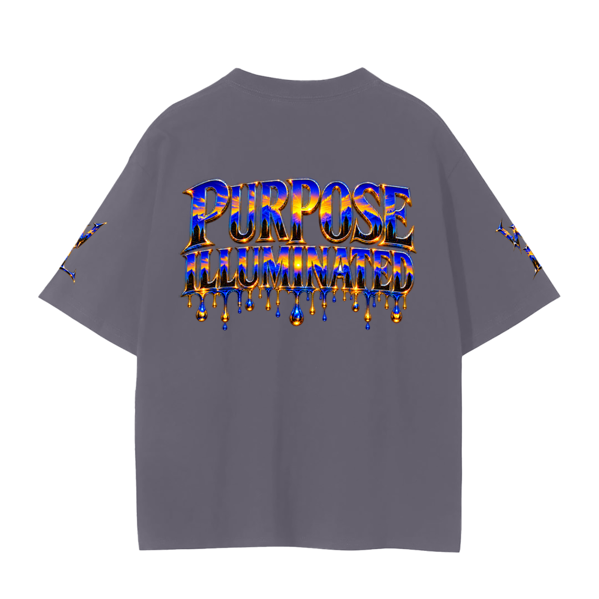 Back view of lava smoke WHYELUME Purpose Illuminated seamless tee with blue and gold Purpose Illuminated drip graphic
