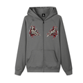 Front view of cement gray WHYELUME Purpose Illuminated essential full-zip fleece hoodie with red WHYE and LUME chest graphics