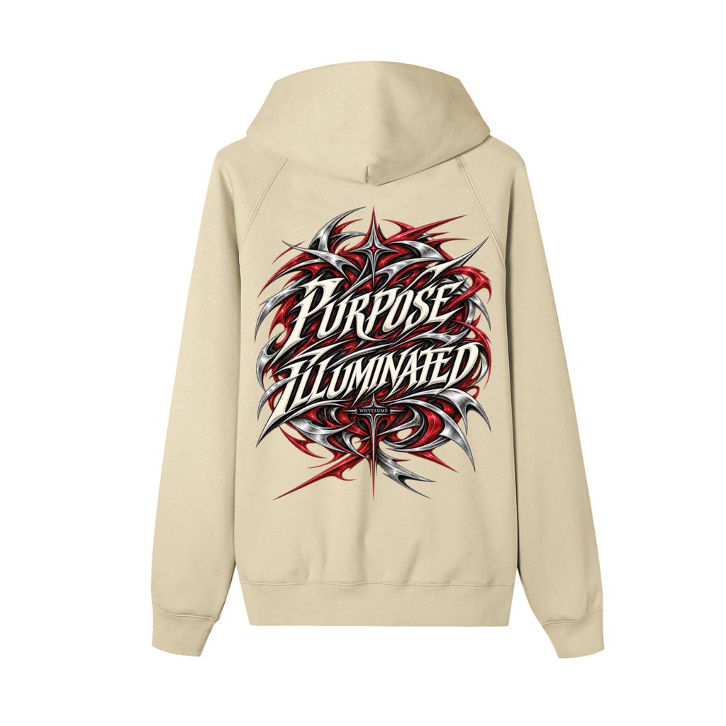 Back view of apricot WHYELUME Purpose Illuminated full-zip hoodie with large red Purpose Illuminated graphic