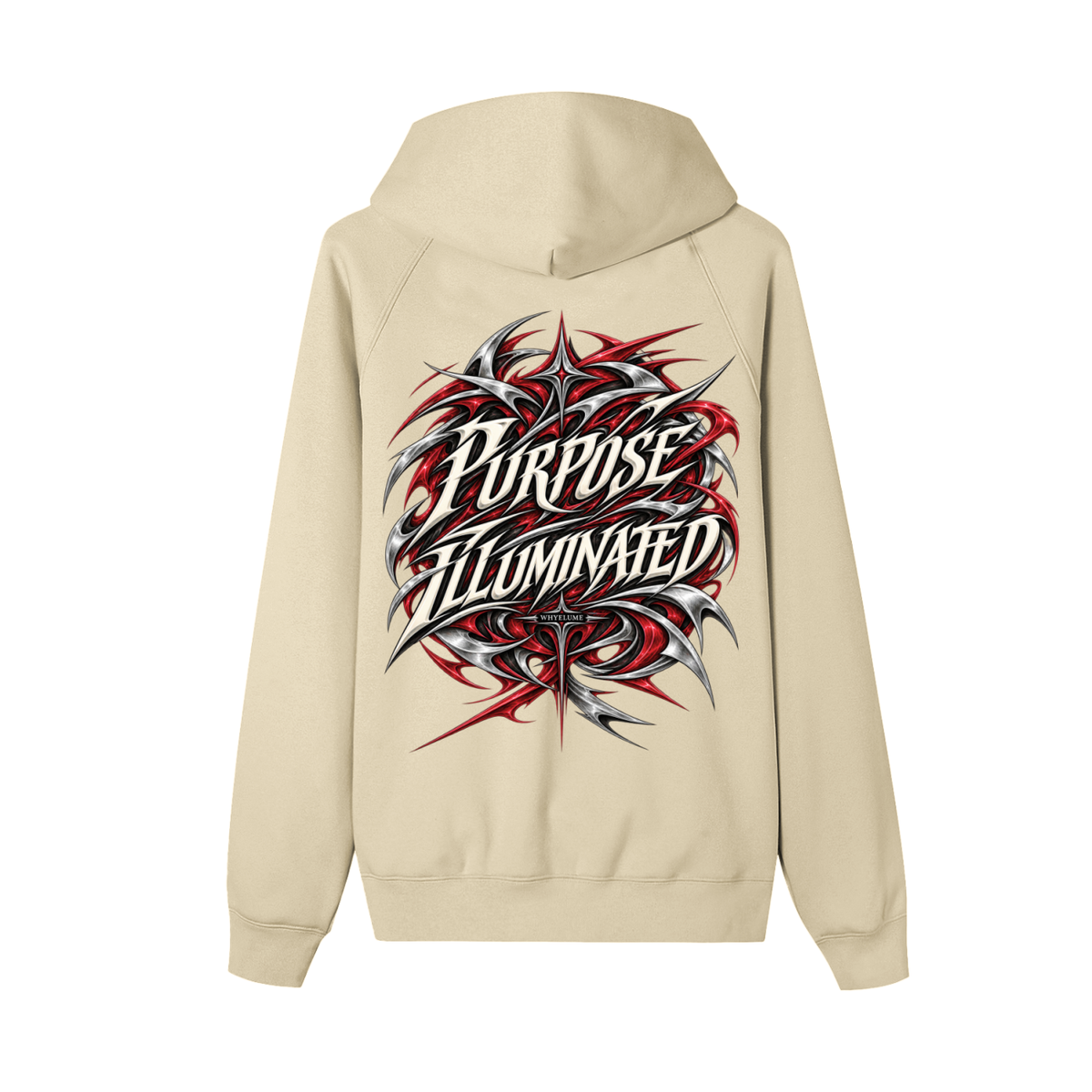 Back view of apricot WHYELUME Purpose Illuminated full-zip hoodie with large red Purpose Illuminated graphic