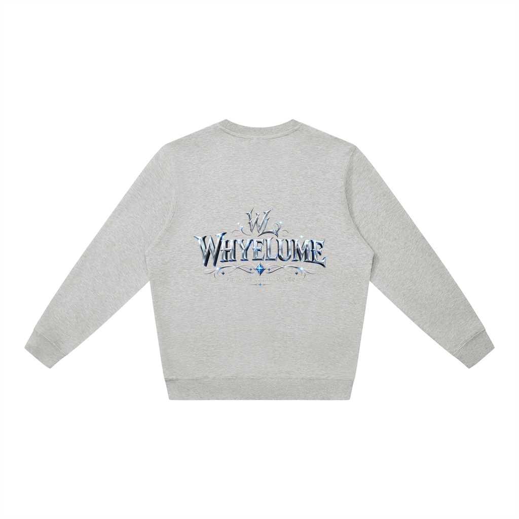 Back view of flower gray WHYELUME Silver Crest crewneck sweatshirt with silver crest wordmark graphic