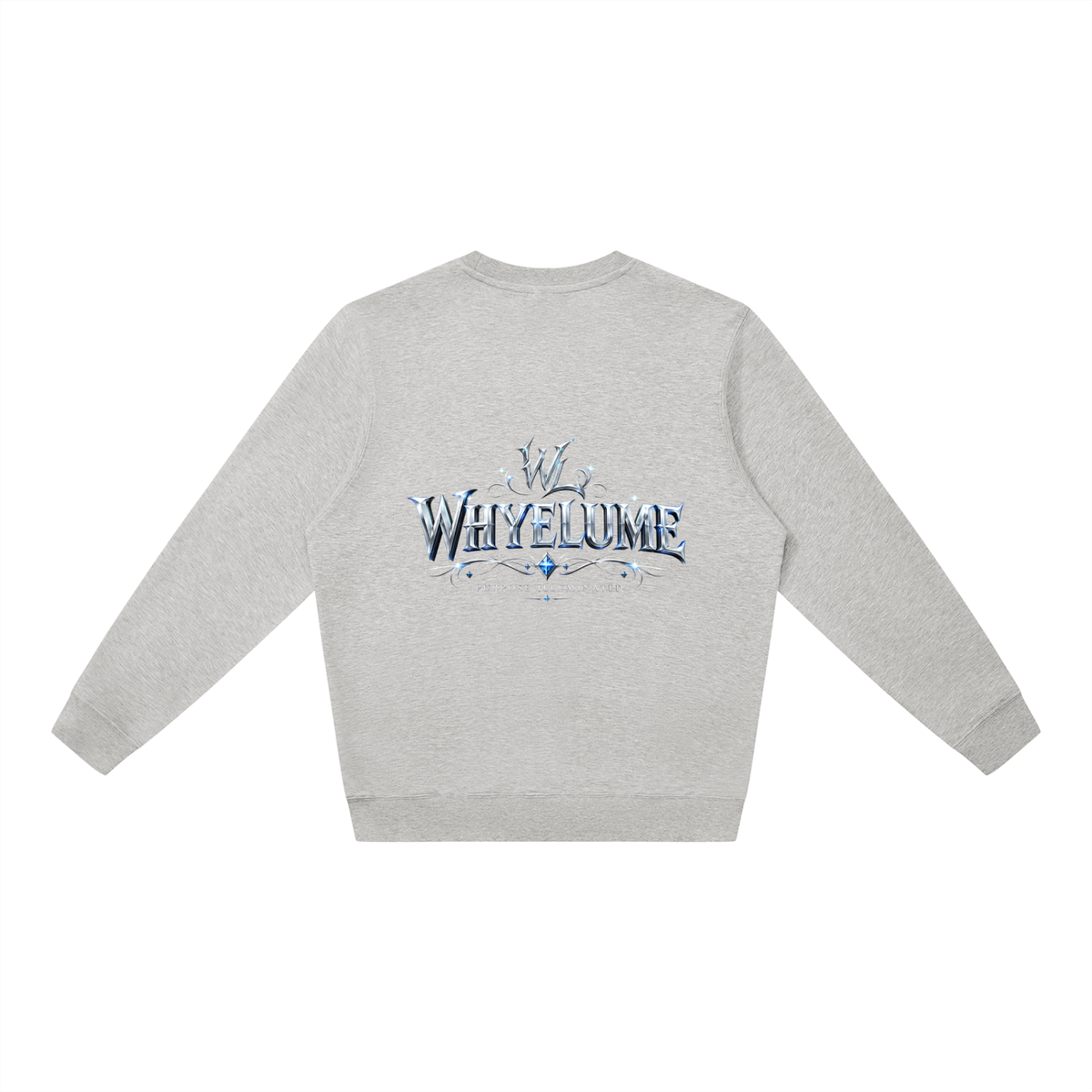 Back view of flower gray WHYELUME Silver Crest crewneck sweatshirt with silver crest wordmark graphic