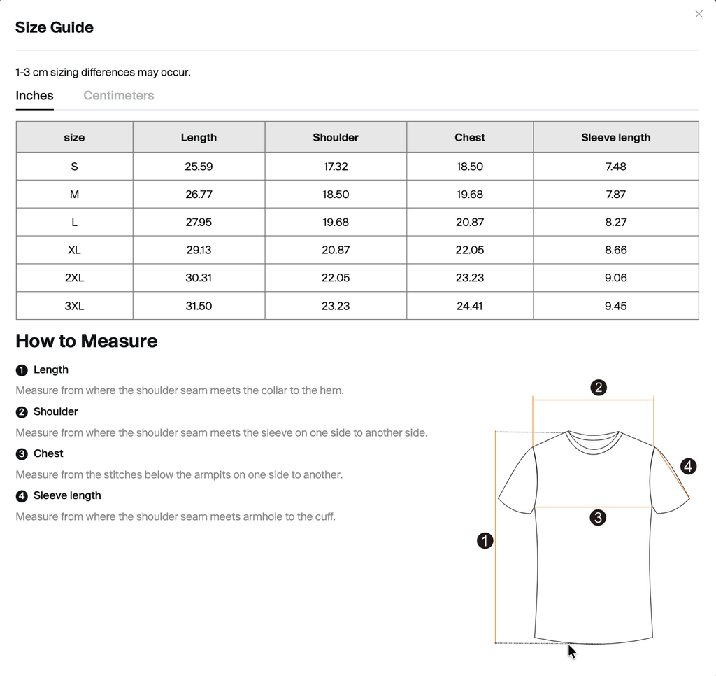 Size chart for WHYELUME Purpose Illuminated seamless graphic tee with length, shoulder, chest, and sleeve measurements in inches