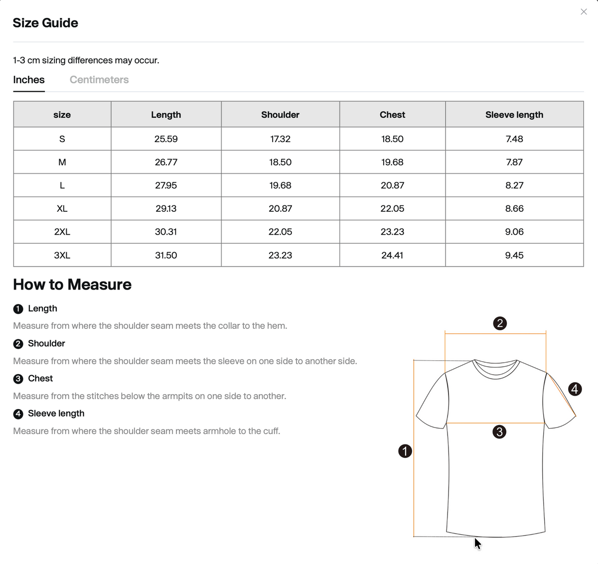 Size chart for WHYELUME Purpose Illuminated seamless graphic tee with length, shoulder, chest, and sleeve measurements in inches
