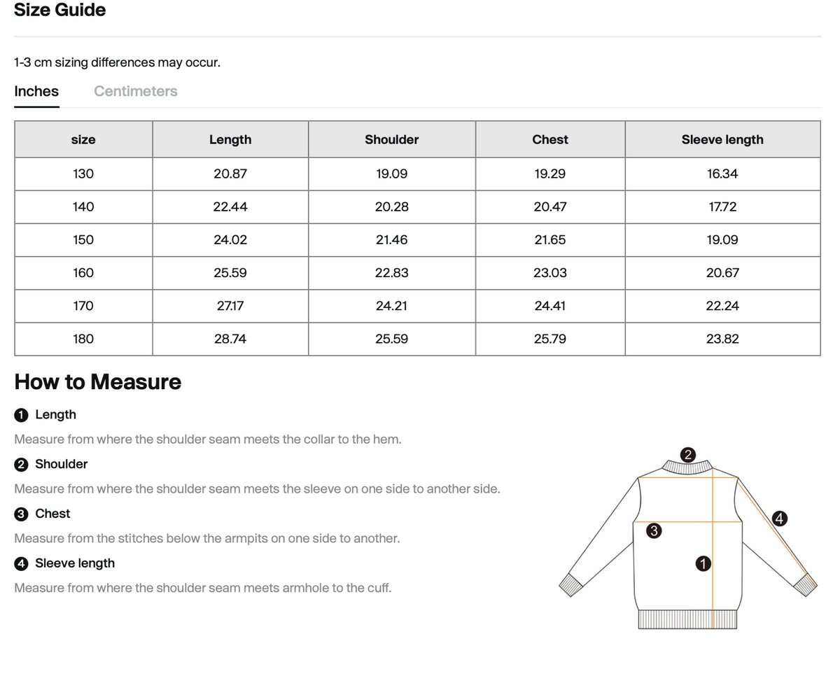 Size chart for WHYELUME Kids Radiant WL fleece hoodie with length, shoulder, chest, and sleeve measurements in inches
