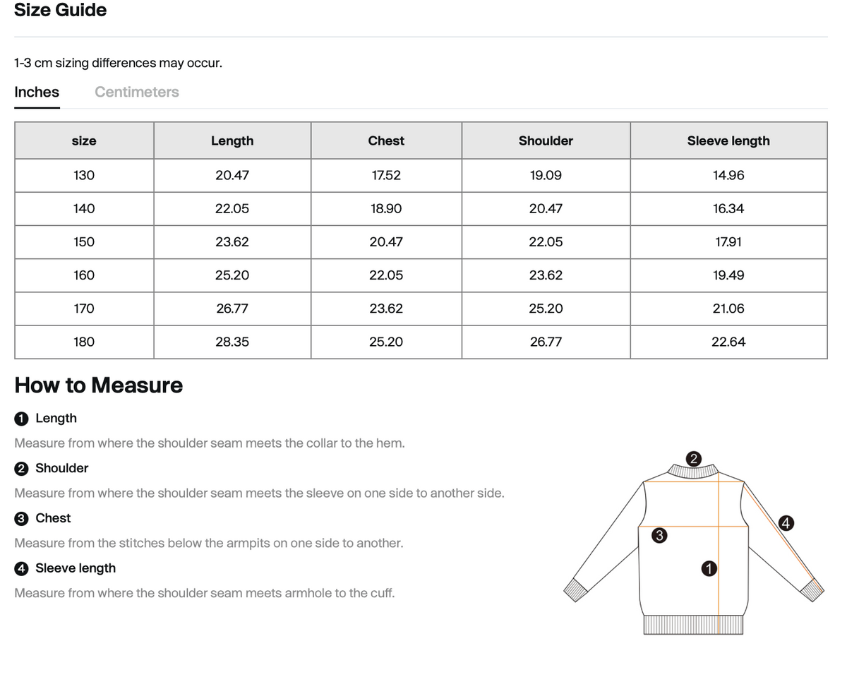 Size chart for WHYELUME Kids Purpose Illuminated fleece crewneck with length, chest, shoulder, and sleeve measurements in inches