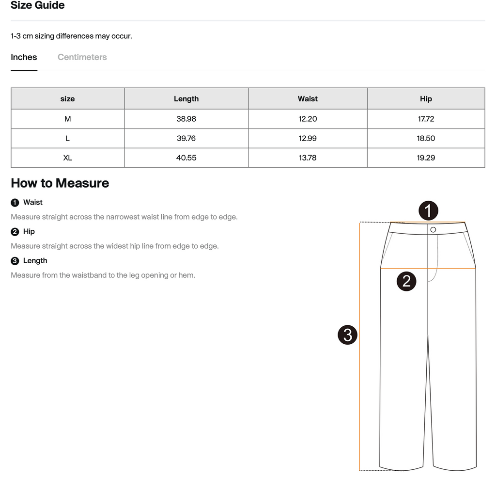 Size chart for WHYELUME Purpose Illuminated vintage washed flared fleece pants with waist, hip, and length measurements in inches