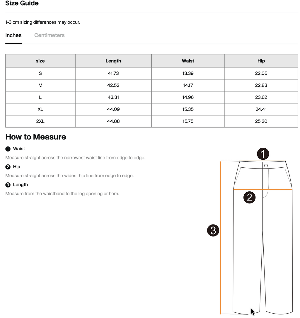 Size chart for WHYELUME Purpose Illuminated dirty washed fleece sweatpants with waist, hip, and length measurements in inches