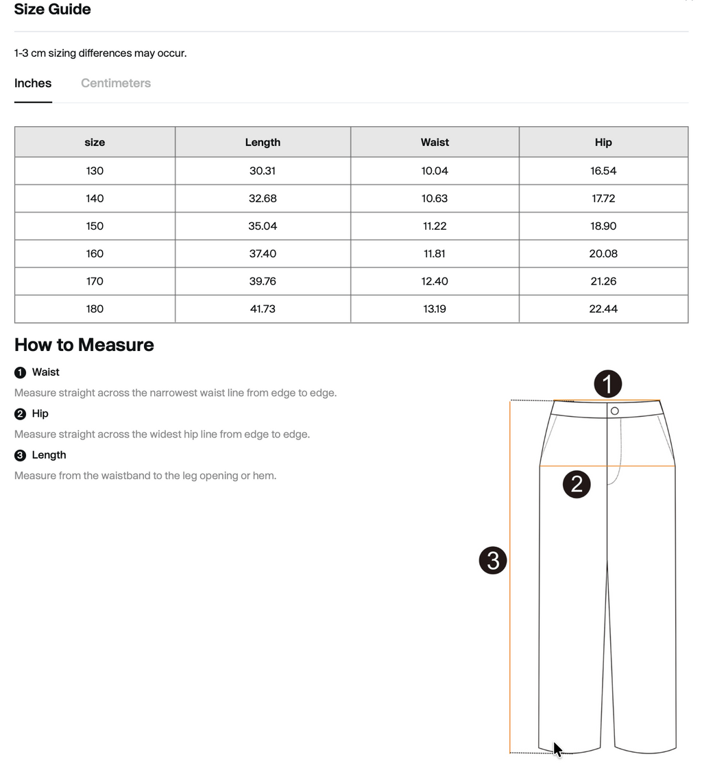 Size chart for WHYELUME Kids Split Mark fleece joggers with waist, hip, and length measurements in inches
