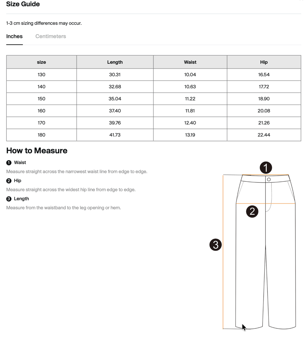 Size chart for WHYELUME Kids Split Mark fleece joggers with waist, hip, and length measurements in inches