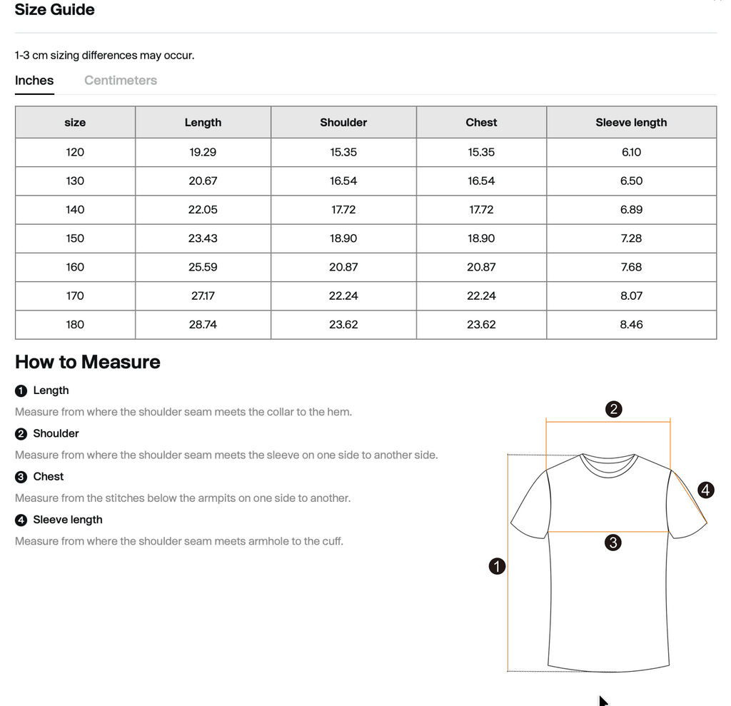 Size chart for WHYELUME Kids Arcade Energy cotton tee with chest, length, and sleeve measurements in inches