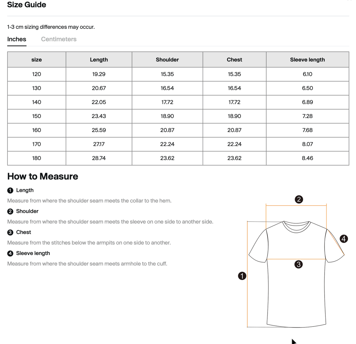 Size chart for WHYELUME Kids Arcade Energy cotton tee with chest, length, and sleeve measurements in inches