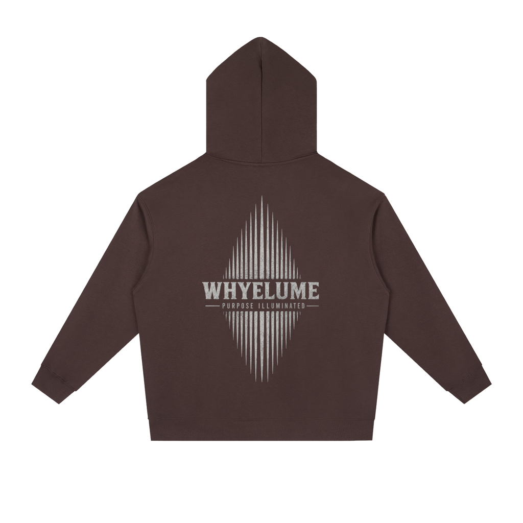 Back view of ume purple WHYELUME Essentials Radiant Mark drop-shoulder hoodie with white radiant burst graphic