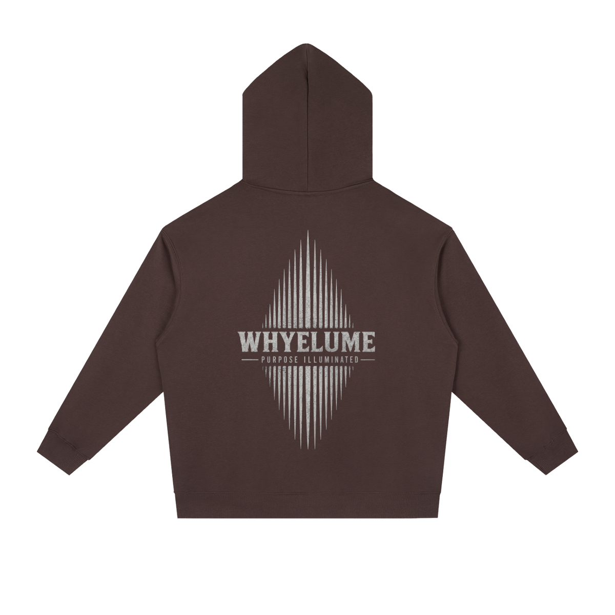 Back view of ume purple WHYELUME Essentials Radiant Mark drop-shoulder hoodie with white radiant burst graphic