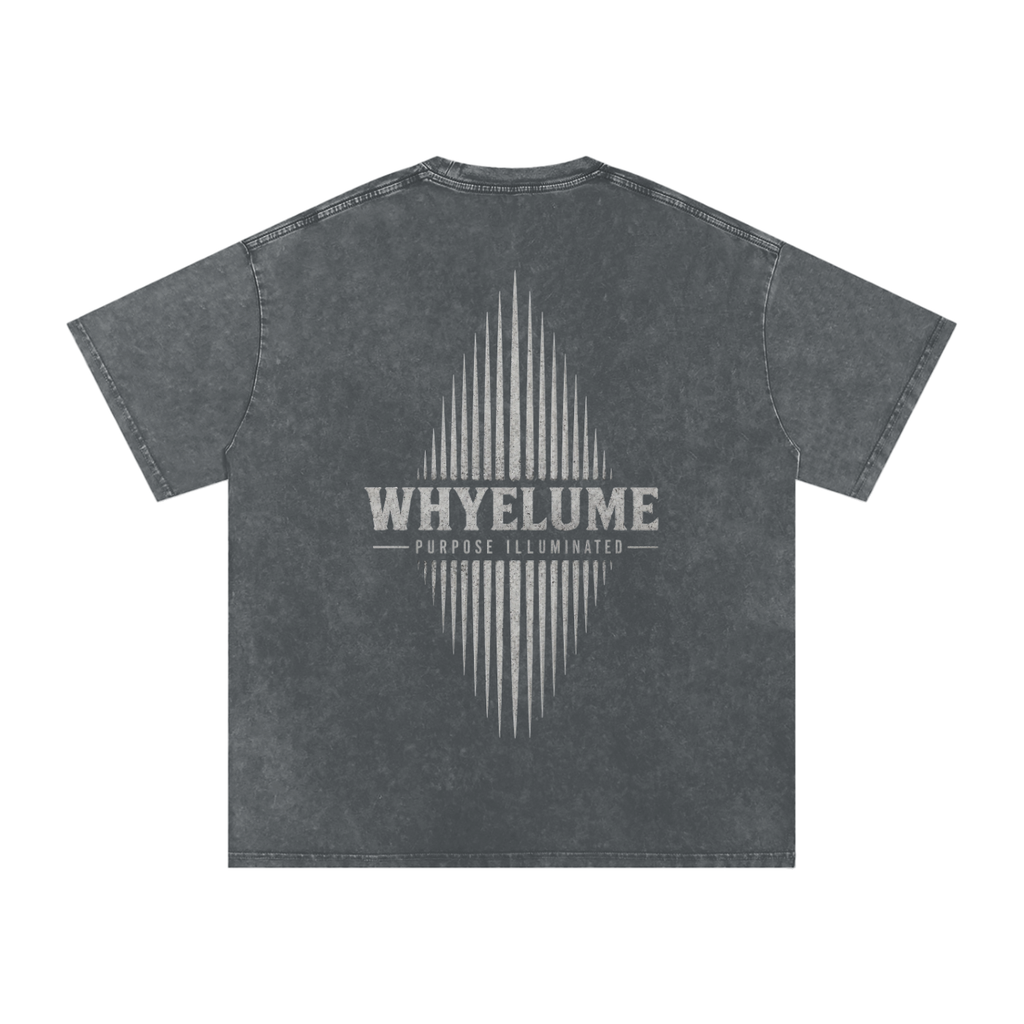 Back view of pirate gray snow washed WHYELUME Essentials Radiant Mark tee with white radiant burst graphic