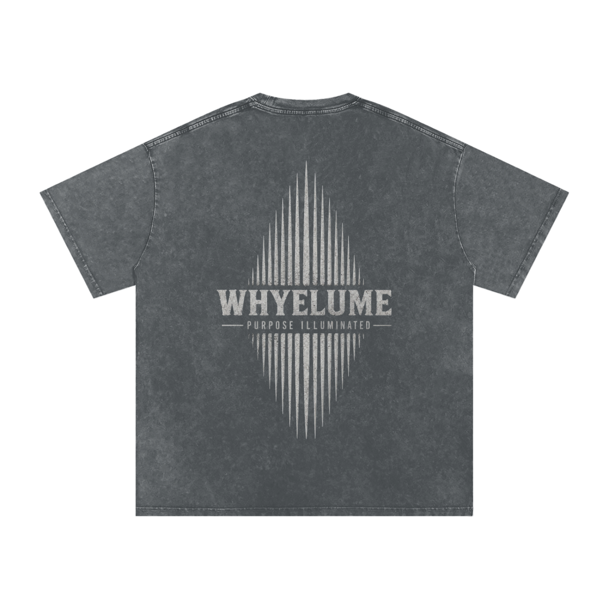 Back view of pirate gray snow washed WHYELUME Essentials Radiant Mark tee with white radiant burst graphic