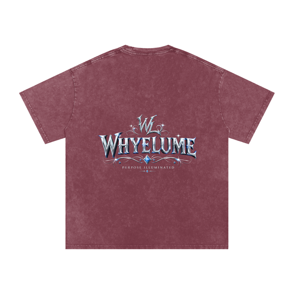 Back view of red snow washed WHYELUME Silver Crest tee with silver crest wordmark graphic