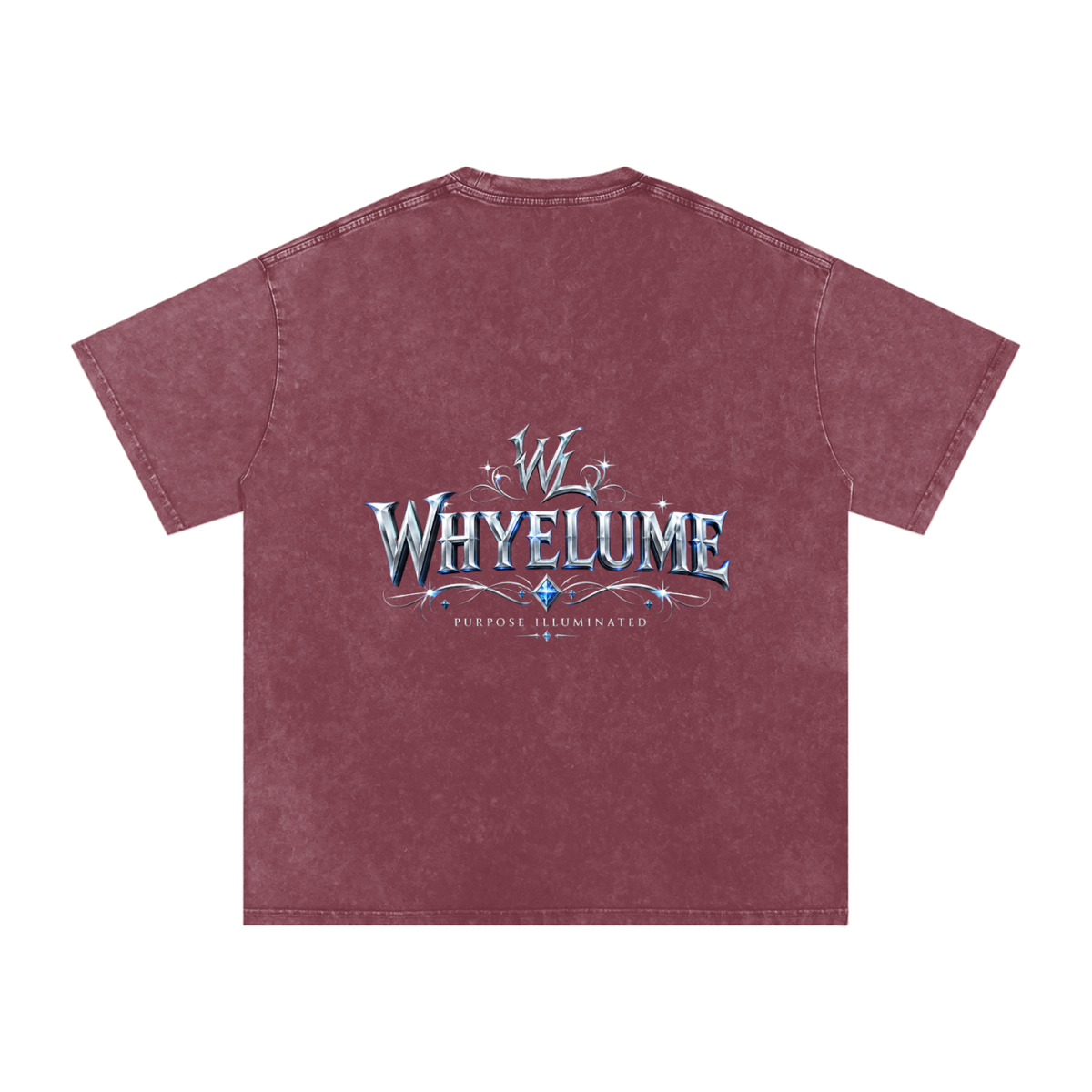 Back view of red snow washed WHYELUME Silver Crest tee with silver crest wordmark graphic