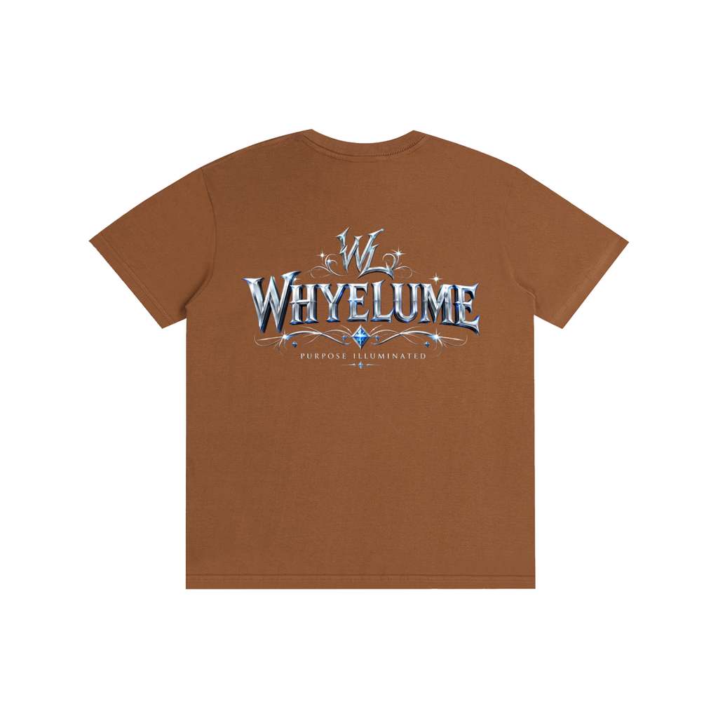 Back view of caramel macchiato WHYELUME Silver Crest tee with silver crest wordmark graphic