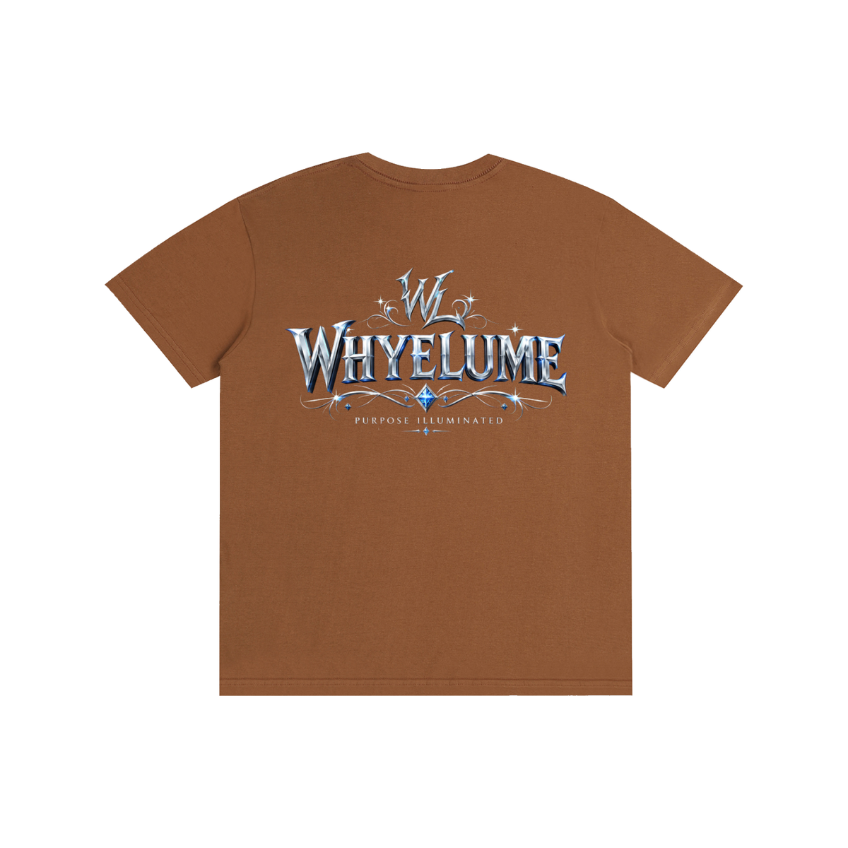 Back view of caramel macchiato WHYELUME Silver Crest tee with silver crest wordmark graphic