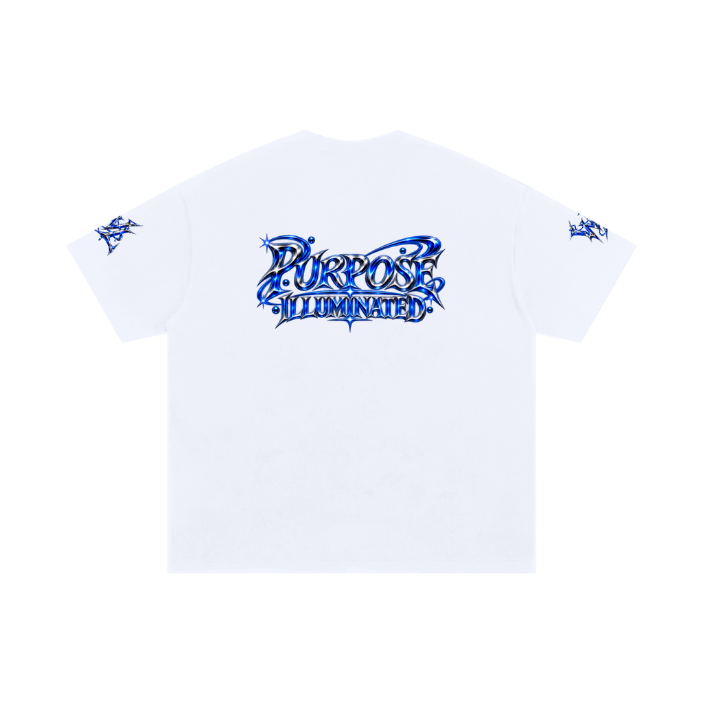 Back view of white WHYELUME Purpose Illuminated oversized tee with blue Purpose Illuminated back graphic