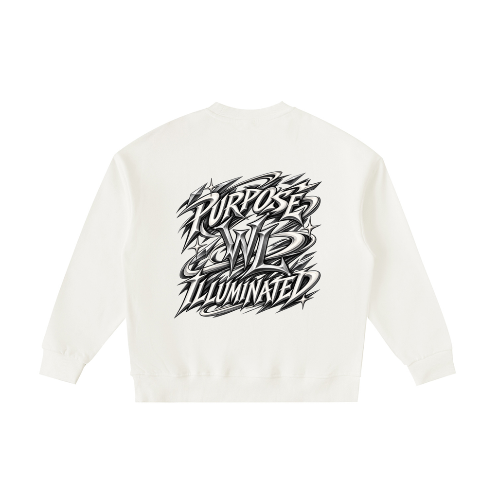 Back view of beige WHYELUME Kids Purpose Illuminated crewneck with black Purpose Illuminated graphic