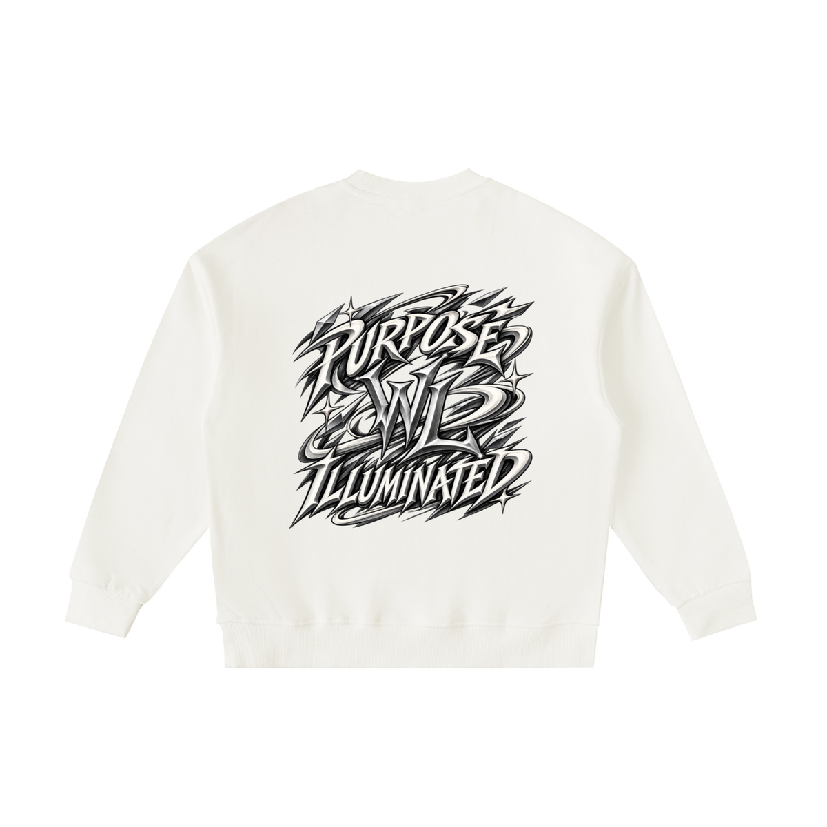 Back view of beige WHYELUME Kids Purpose Illuminated crewneck with black Purpose Illuminated graphic