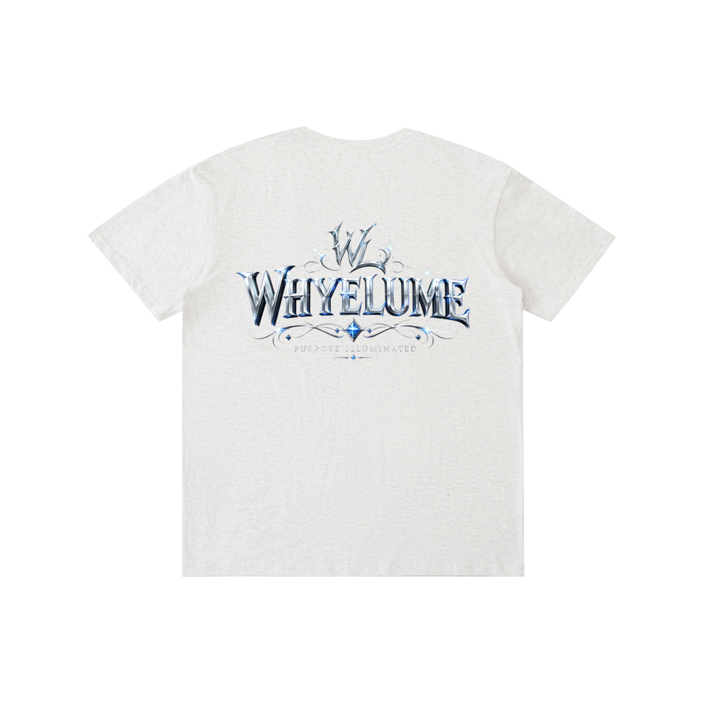 Back view of flower gray WHYELUME Silver Crest tee with silver crest wordmark graphic
