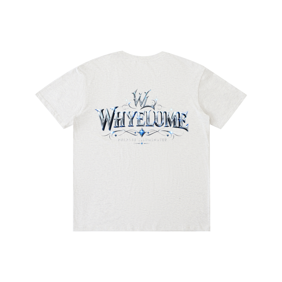 Back view of flower gray WHYELUME Silver Crest tee with silver crest wordmark graphic