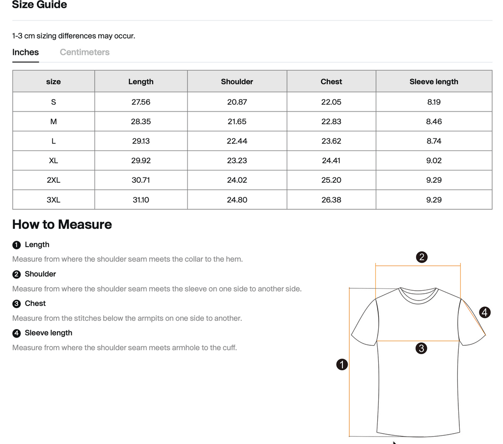 Size chart for WHYELUME Chrome Stack snow washed tee with length, shoulder, chest, and sleeve measurements in inches
