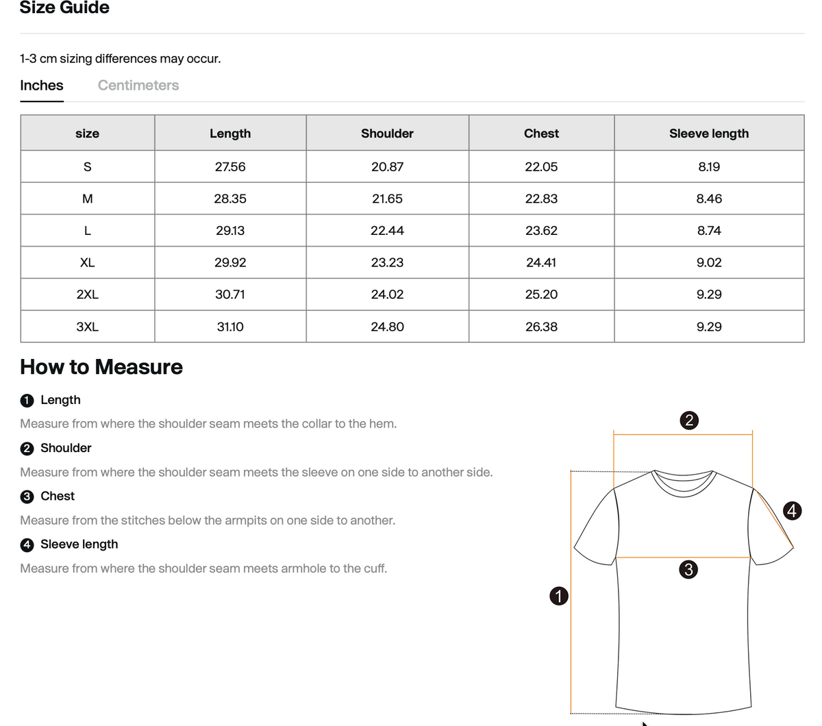 Size chart for WHYELUME Chrome Stack snow washed tee with length, shoulder, chest, and sleeve measurements in inches