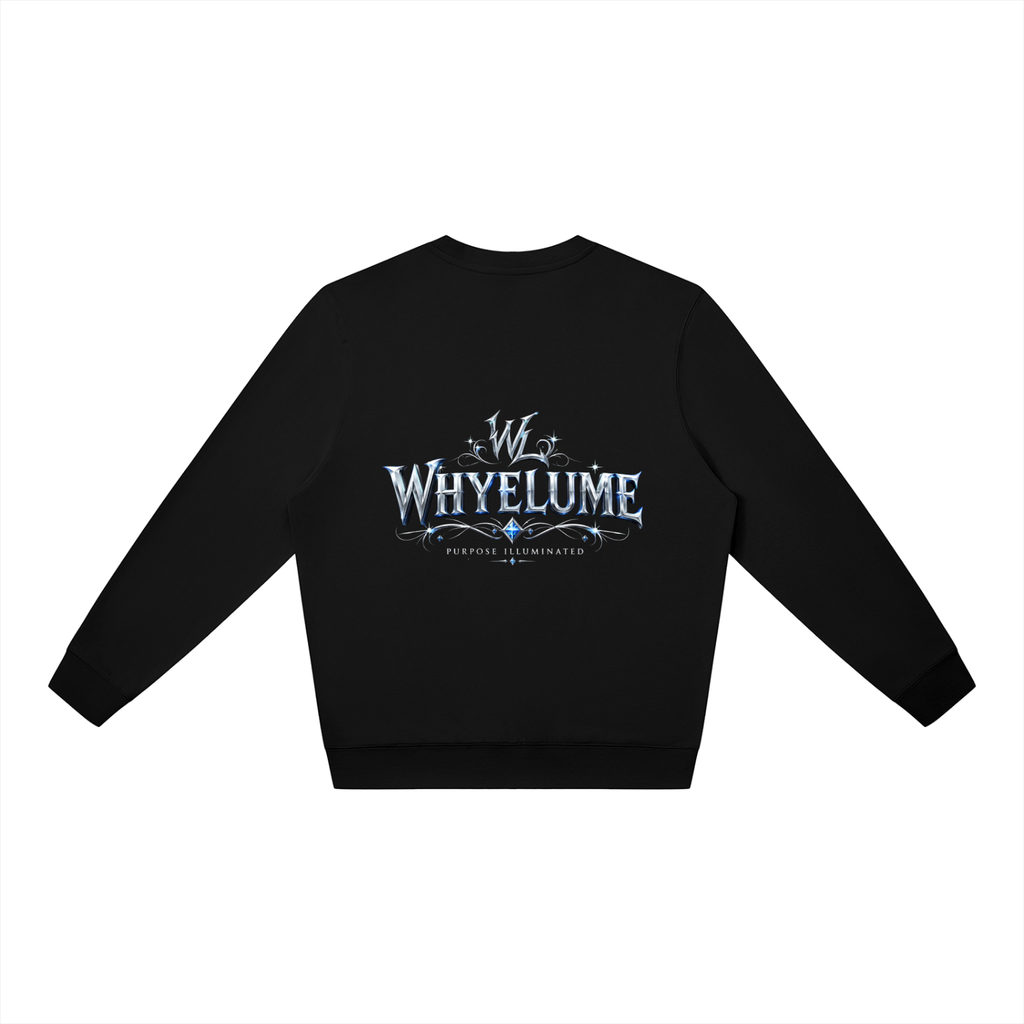 Back view of black WHYELUME Silver Crest crewneck sweatshirt with silver crest wordmark graphic