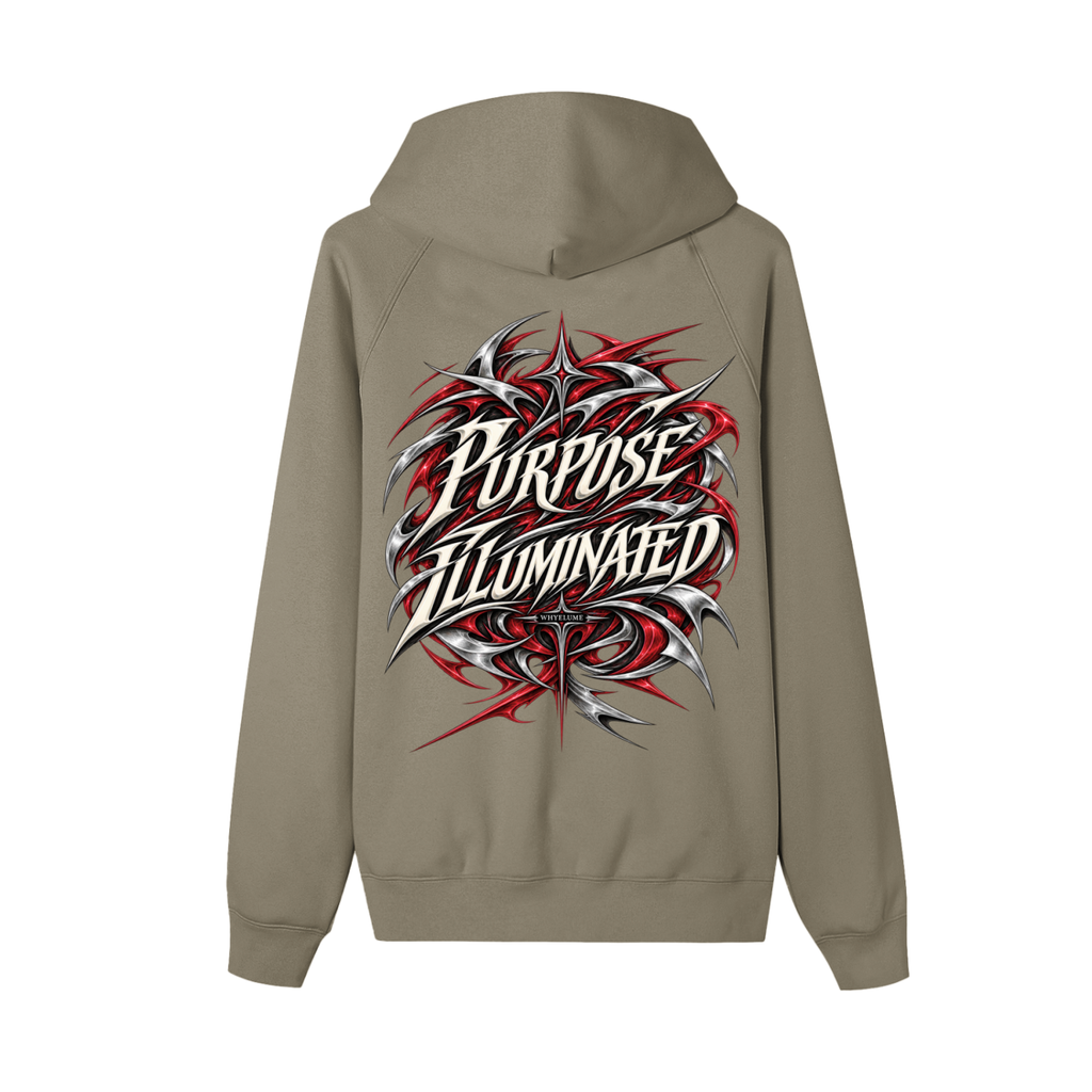 Back view of carbon gray WHYELUME Purpose Illuminated full-zip hoodie with large red Purpose Illuminated graphic