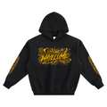 Black oversized boxy hoodie with gold celestial WHYELUME Refuse to Dim graphic on front