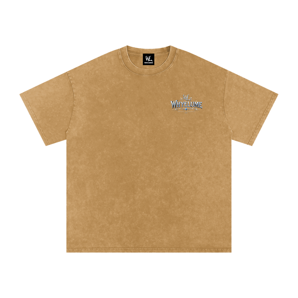 Front view of light brown snow washed WHYELUME Silver Crest tee with small crest chest graphic