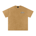 Front view of light brown snow washed WHYELUME Silver Crest tee with small crest chest graphic