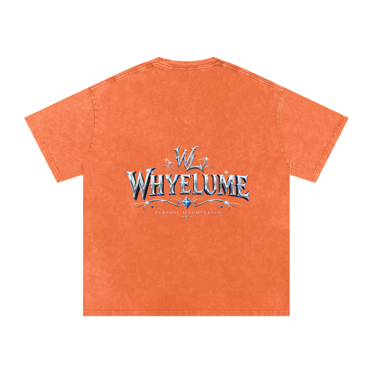 Back view of orange snow washed WHYELUME Silver Crest tee with silver crest wordmark graphic