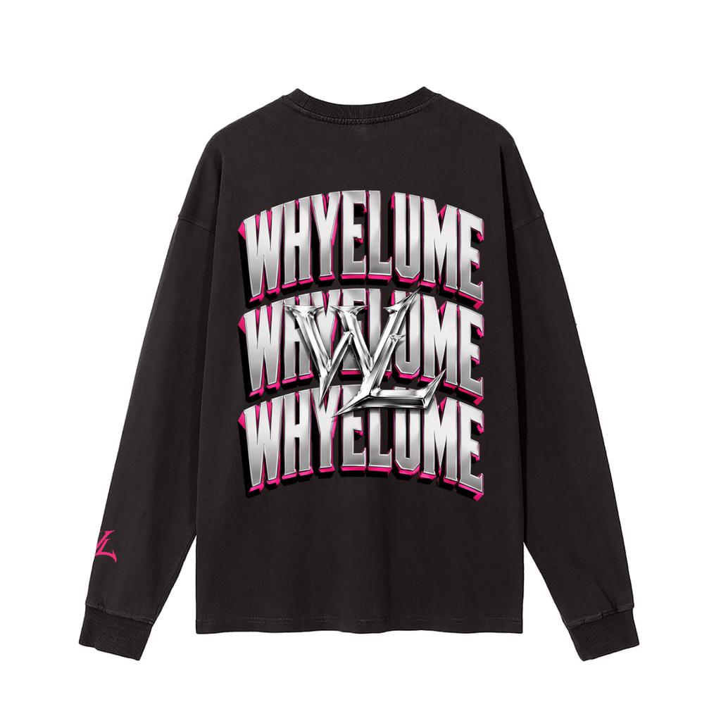 Back view of vintage black WHYELUME Chrome Stack washed long sleeve tee with white and pink stacked wordmark graphic