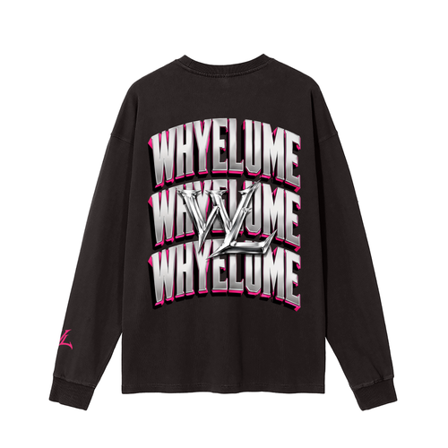 Back view of vintage black WHYELUME Chrome Stack washed long sleeve tee with white and pink stacked wordmark graphic