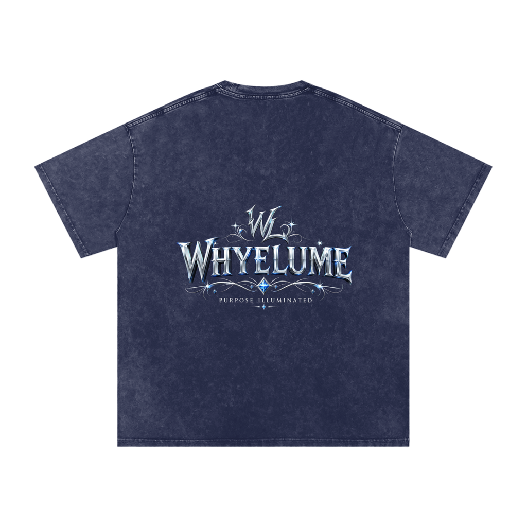 Back view of royal blue snow washed WHYELUME Silver Crest tee with silver crest wordmark graphic