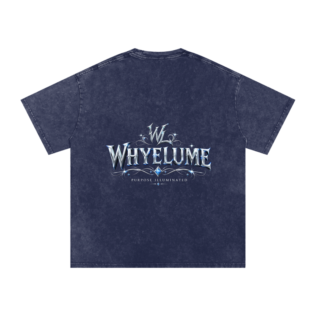 Back view of royal blue snow washed WHYELUME Silver Crest tee with silver crest wordmark graphic