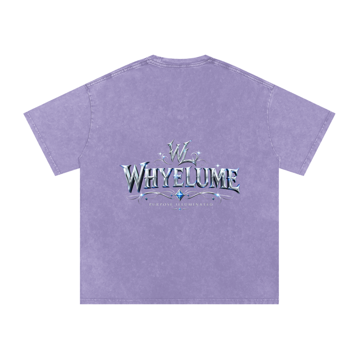 Back view of light purple snow washed WHYELUME Silver Crest tee with silver crest wordmark graphic