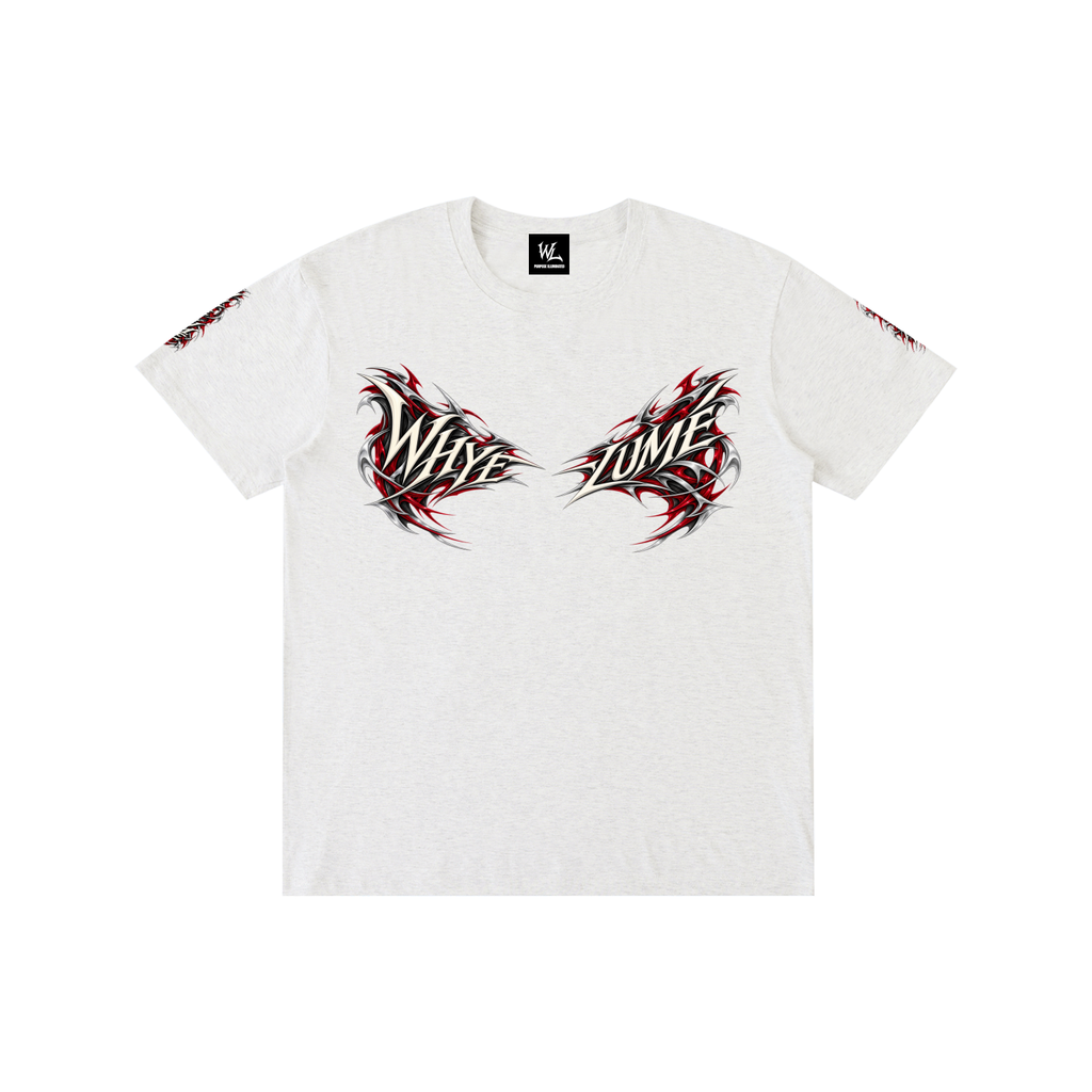 Front view of flower gray WHYELUME Purpose Illuminated pure cotton tee with red WHYE and LUME chest graphics
