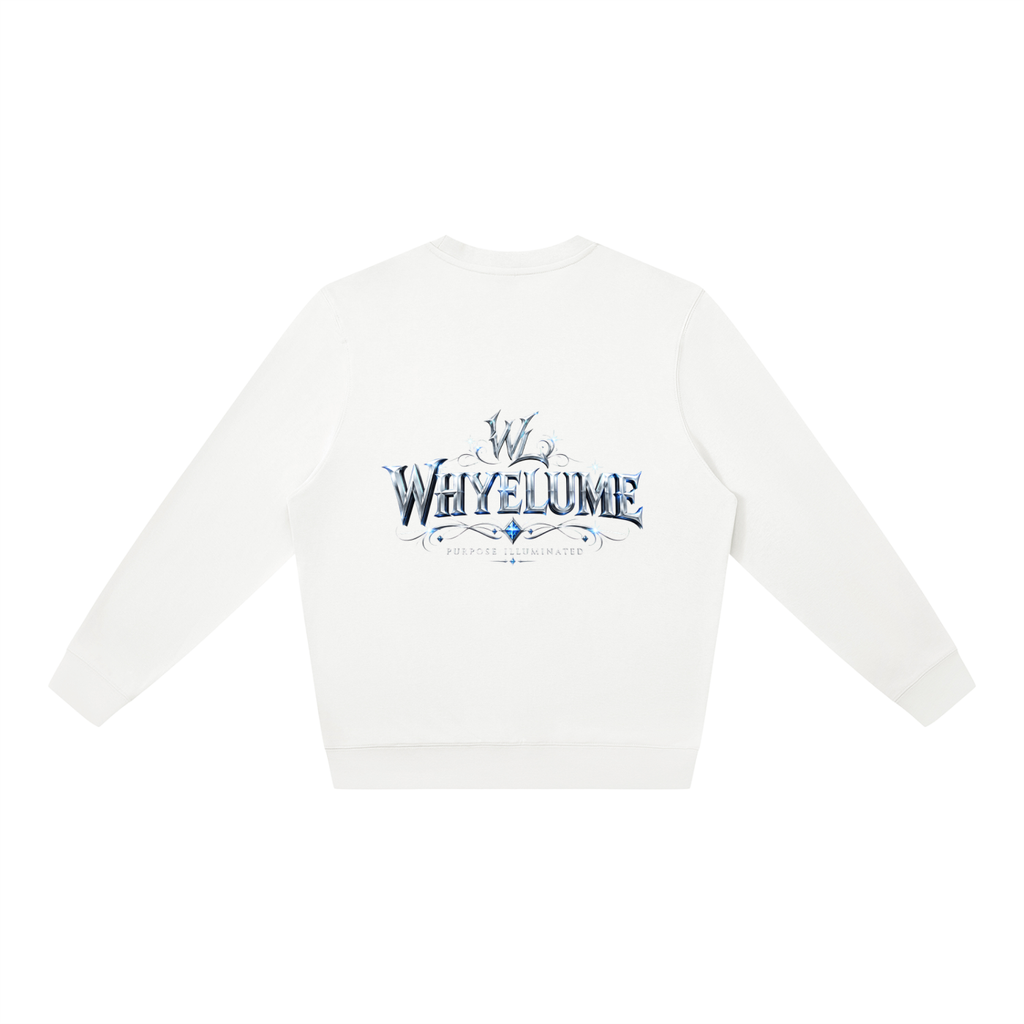 Back view of white WHYELUME Silver Crest crewneck sweatshirt with silver crest wordmark graphic