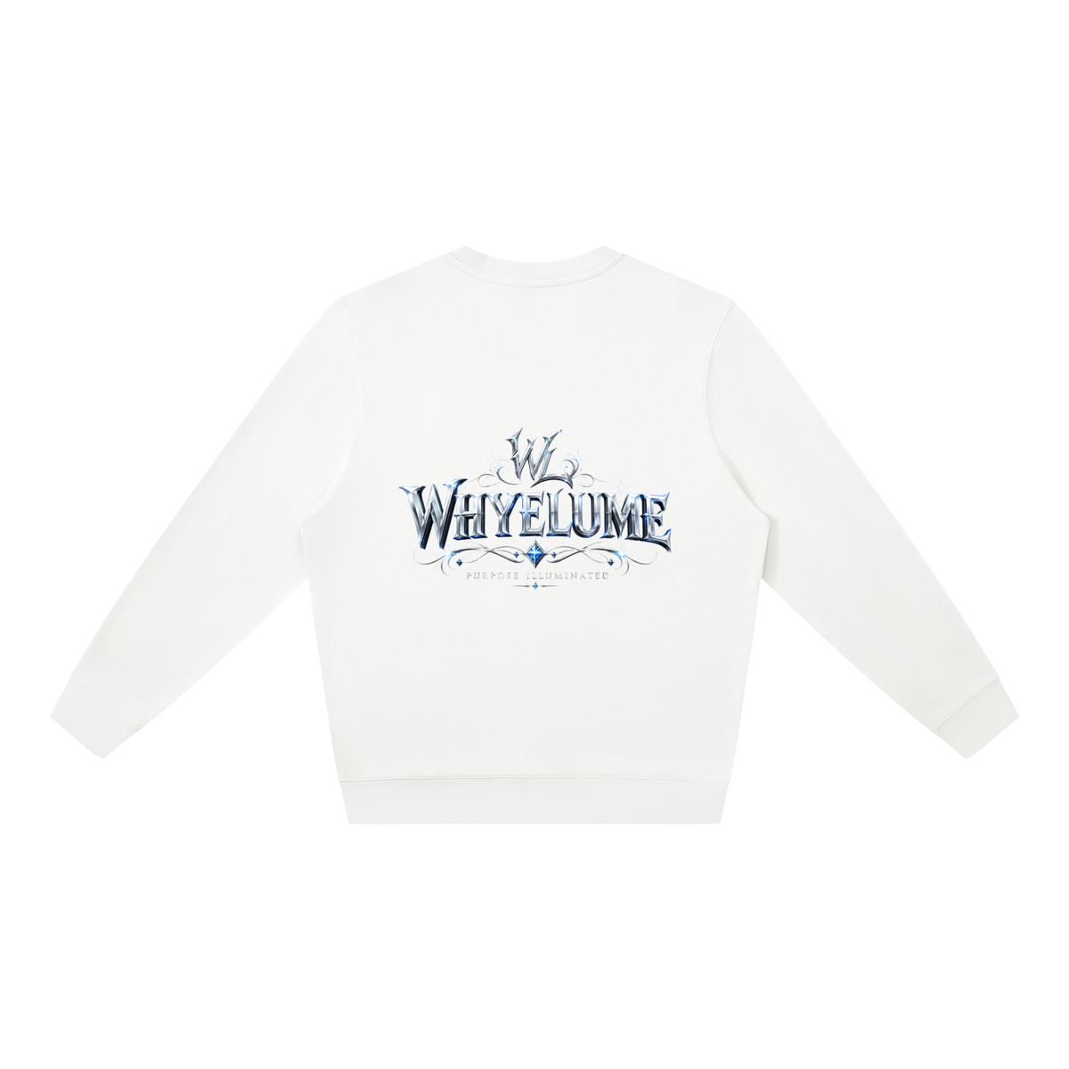Back view of white WHYELUME Silver Crest crewneck sweatshirt with silver crest wordmark graphic