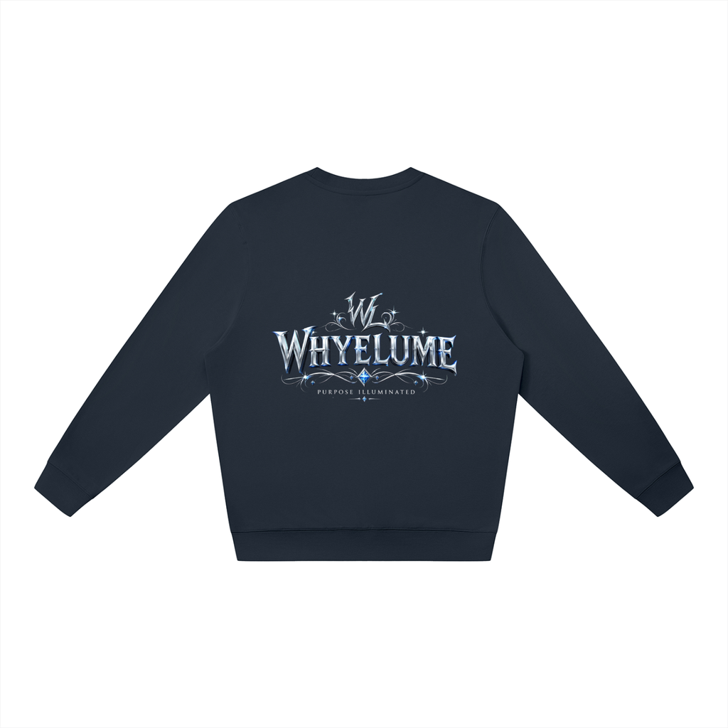 Back view of navy blue WHYELUME Silver Crest crewneck sweatshirt with silver crest wordmark graphic