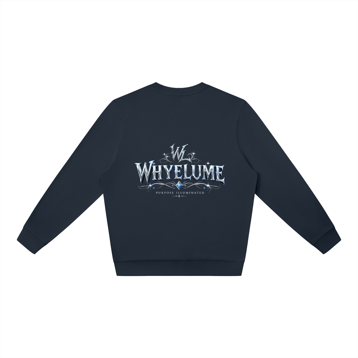 Back view of navy blue WHYELUME Silver Crest crewneck sweatshirt with silver crest wordmark graphic