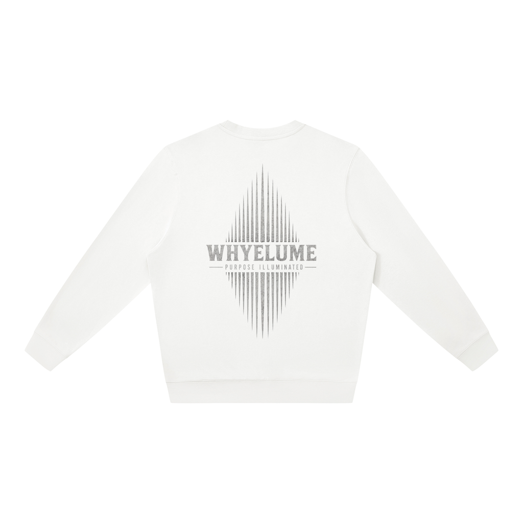 Back view of white WHYELUME Essentials Radiant Mark crewneck with gray radiant burst graphic